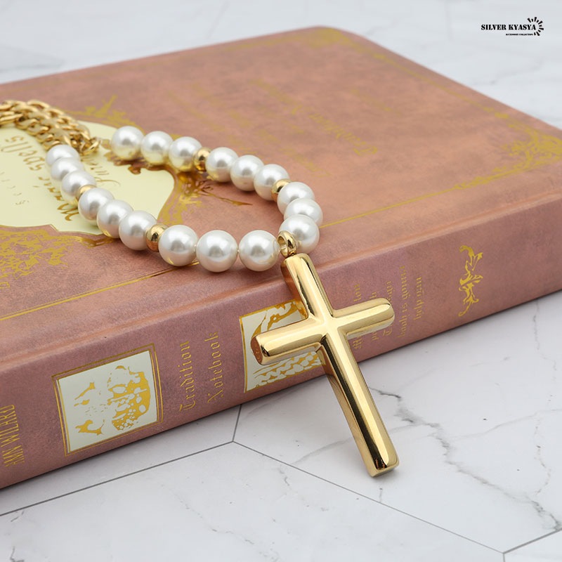 パールネックレス クロス [n448-gold]