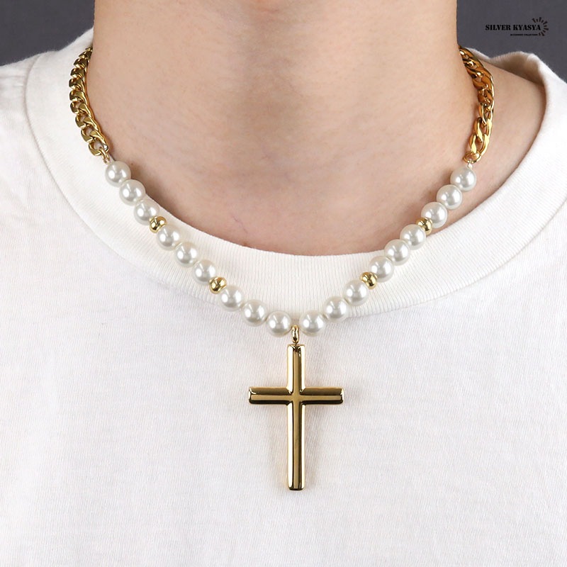 パールネックレス クロス [n448-gold]