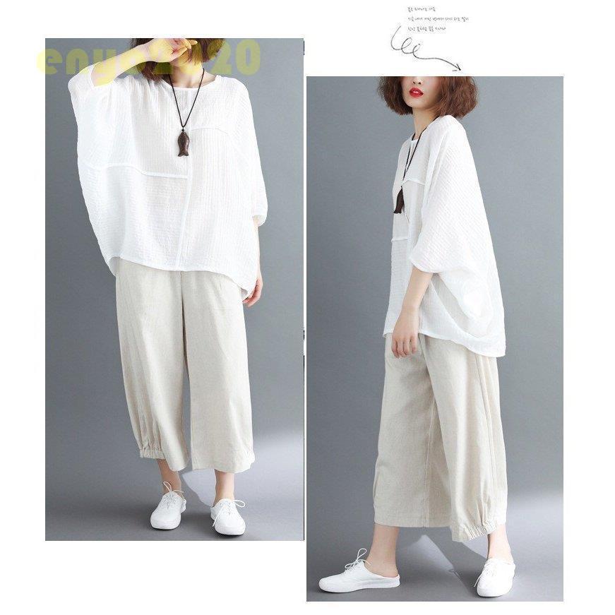 【即納】シャツ レディース シャツブラウス トップス 秋 夏 プルオーバー ラウンドネック 7分袖 ドルマンスリーブ 無地 綿麻混 リネン カジュアル