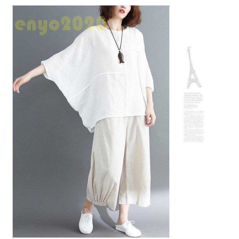 【即納】シャツ レディース シャツブラウス トップス 秋 夏 プルオーバー ラウンドネック 7分袖 ドルマンスリーブ 無地 綿麻混 リネン カジュアル