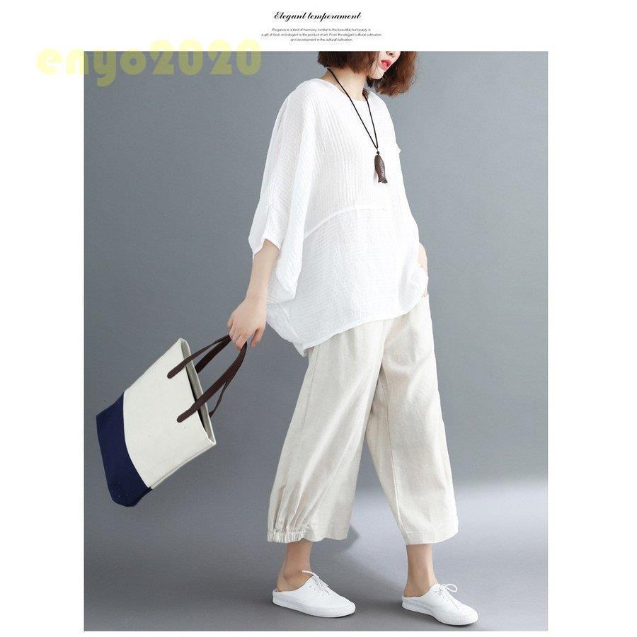 【即納】シャツ レディース シャツブラウス トップス 秋 夏 プルオーバー ラウンドネック 7分袖 ドルマンスリーブ 無地 綿麻混 リネン カジュアル