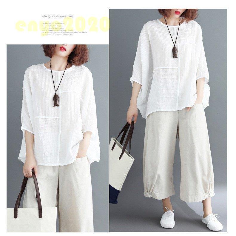 【即納】シャツ レディース シャツブラウス トップス 秋 夏 プルオーバー ラウンドネック 7分袖 ドルマンスリーブ 無地 綿麻混 リネン カジュアル