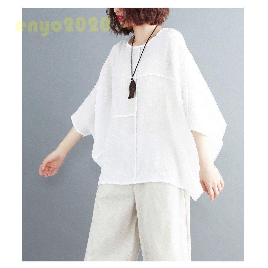 【即納】シャツ レディース シャツブラウス トップス 秋 夏 プルオーバー ラウンドネック 7分袖 ドルマンスリーブ 無地 綿麻混 リネン カジュアル