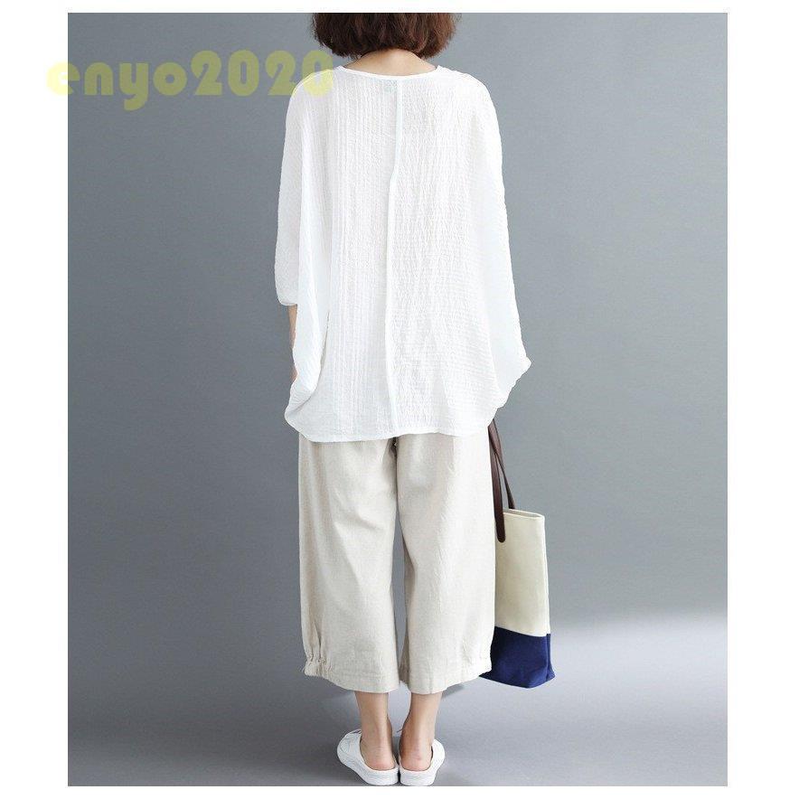 【即納】シャツ レディース シャツブラウス トップス 秋 夏 プルオーバー ラウンドネック 7分袖 ドルマンスリーブ 無地 綿麻混 リネン カジュアル