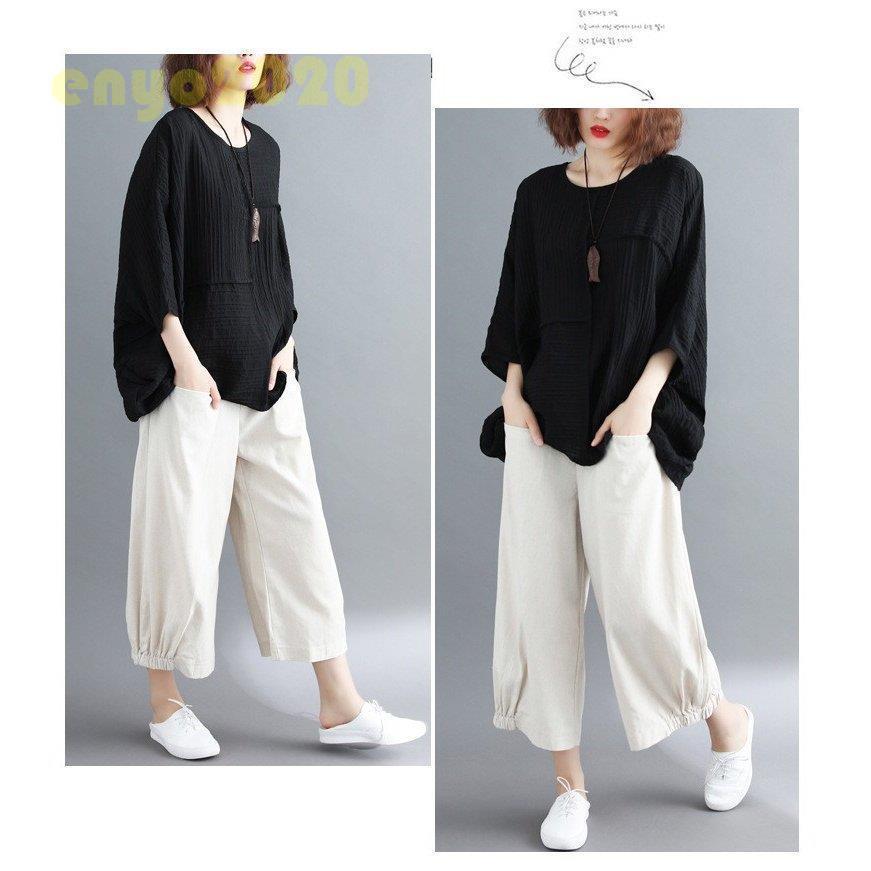 【即納】シャツ レディース シャツブラウス トップス 秋 夏 プルオーバー ラウンドネック 7分袖 ドルマンスリーブ 無地 綿麻混 リネン カジュアル