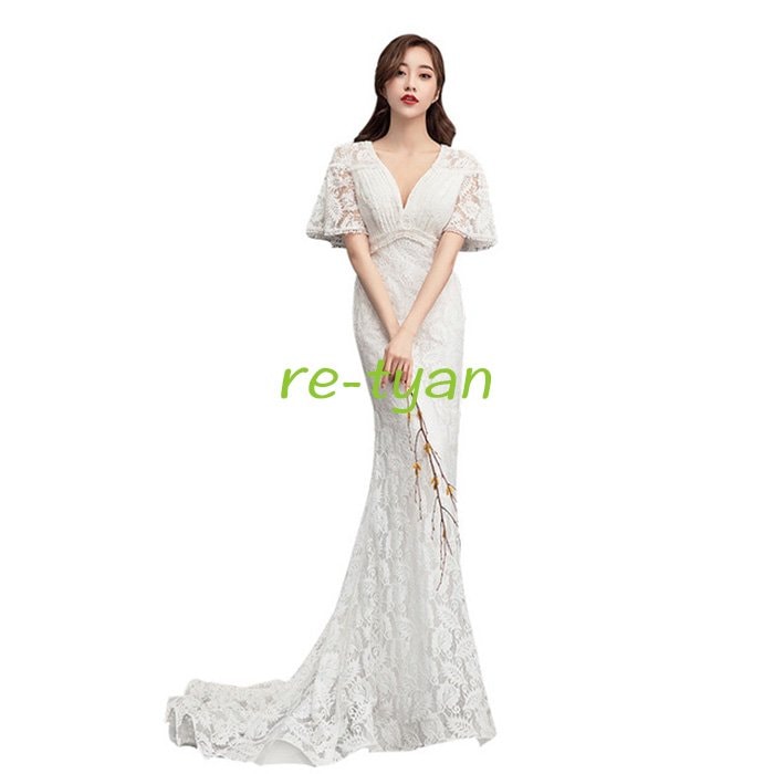 ウエディングドレス マーメイドドレス 二次会ドレス 総レース 袖あり vネック 刺繍 花嫁イブニングドレス結婚式 パーティー 二次会発表会謝恩会披露宴 高級新作