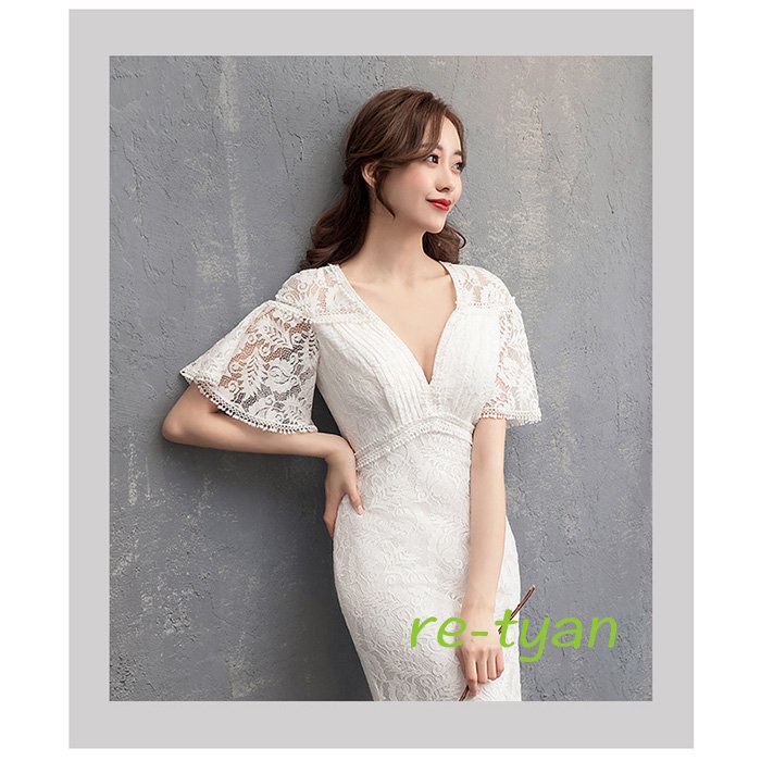 ウエディングドレス マーメイドドレス 二次会ドレス 総レース 袖あり vネック 刺繍 花嫁イブニングドレス結婚式 パーティー 二次会発表会謝恩会披露宴 高級新作