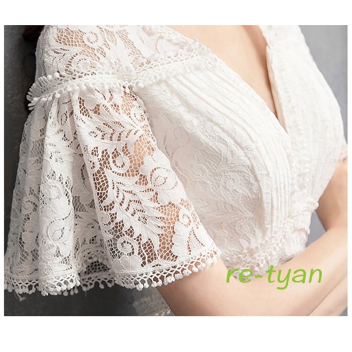 ウエディングドレス マーメイドドレス 二次会ドレス 総レース 袖あり vネック 刺繍 花嫁イブニングドレス結婚式 パーティー 二次会発表会謝恩会披露宴 高級新作