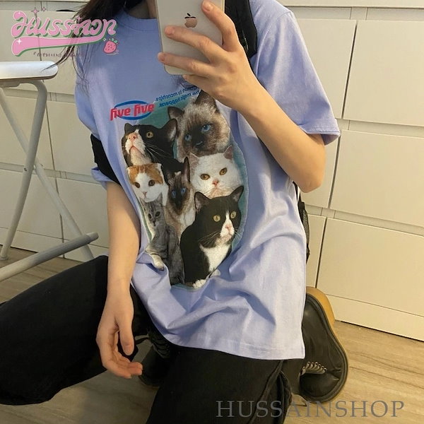 Qoo10] 猫 プリント 半袖Tシャツ 個性派 古着