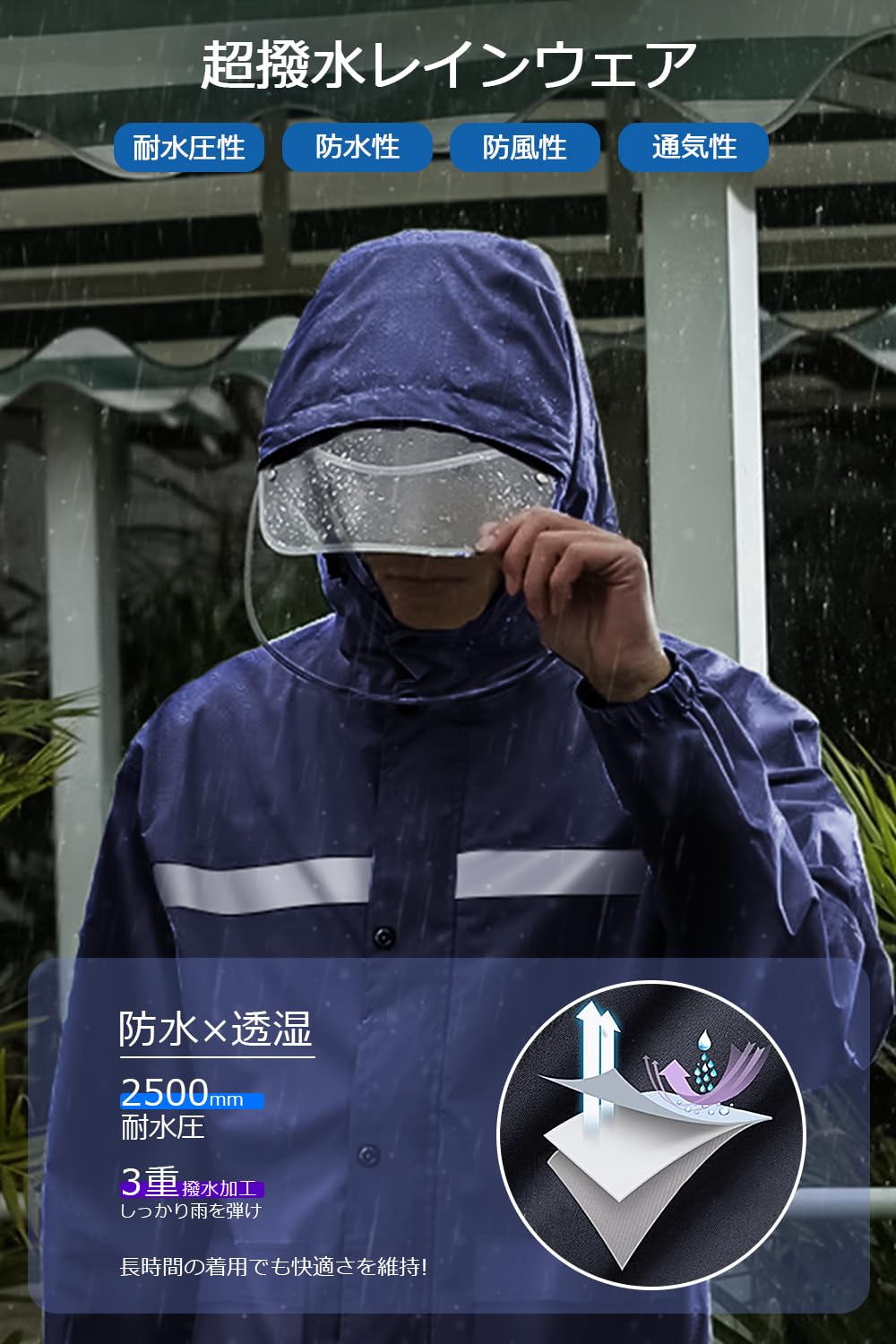 Vricox] レインウェア 上下セット 【レインバイザー付き リュック対応