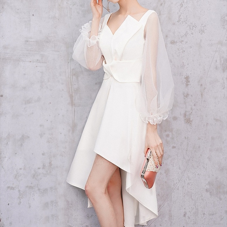 ワンピース レディース アシンメトリーワンピース シースルー袖 ドレス ひざ丈 長袖 Vネック ワンピース レディース アシンメトリーワンピース シースルー袖 ドレス ひざ丈 長袖 Vネック