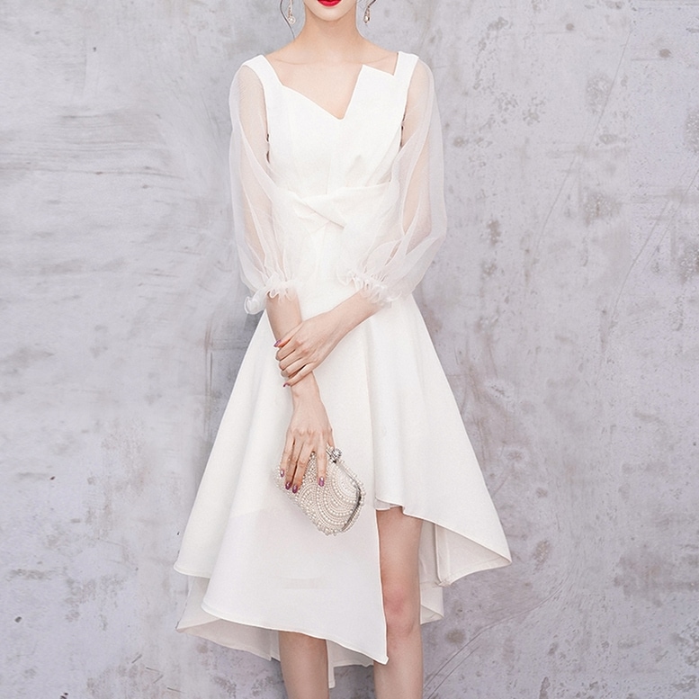 ワンピース レディース アシンメトリーワンピース シースルー袖 ドレス ひざ丈 長袖 Vネック ワンピース レディース アシンメトリーワンピース シースルー袖 ドレス ひざ丈 長袖 Vネック