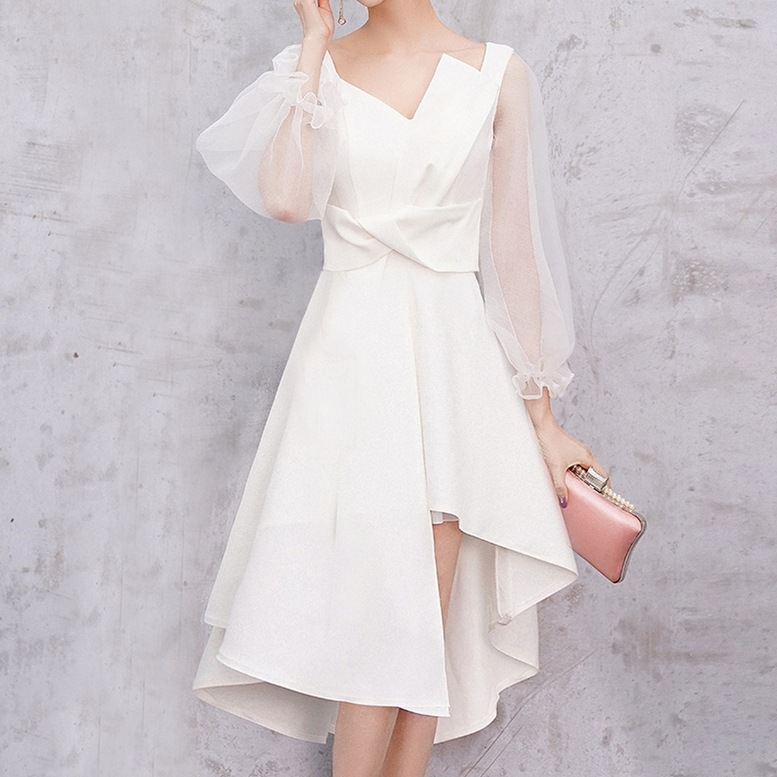 ワンピース レディース アシンメトリーワンピース シースルー袖 ドレス ひざ丈 長袖 Vネック ワンピース レディース アシンメトリーワンピース シースルー袖 ドレス ひざ丈 長袖 Vネック