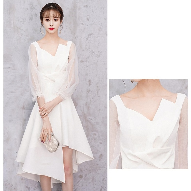 ワンピース レディース アシンメトリーワンピース シースルー袖 ドレス ひざ丈 長袖 Vネック ワンピース レディース アシンメトリーワンピース シースルー袖 ドレス ひざ丈 長袖 Vネック