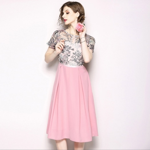 フローラル刺繍 メッシュトップ 花柄 リボン ウエストマーク ドレス ミディアム 半袖 結婚式 二次会