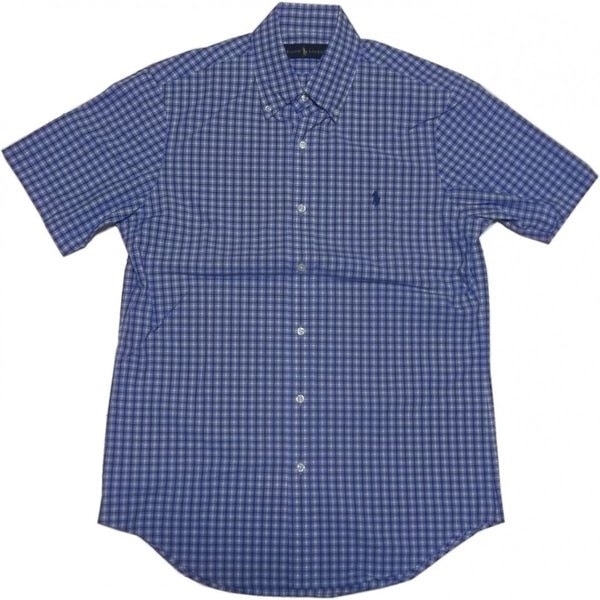 半袖 ワンポイント ボタンダウンシャツ チェック ブルー PR2-389