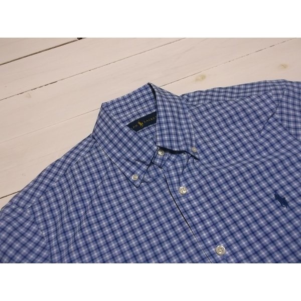 半袖 ワンポイント ボタンダウンシャツ チェック ブルー PR2-389