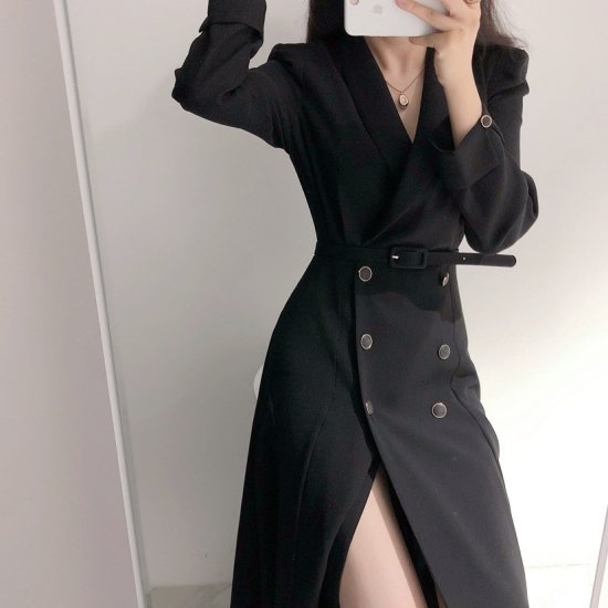 【取寄：納期2週間】トレンチワンピ―ス ダブルボタン レディース 韓国 ファッション ワンピース 長袖 Vネック スリット 白黒 おしゃれ ワンピース トレンチワンピース 秋服 トレンチコート タイト