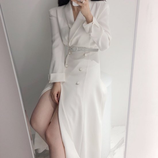 【取寄：納期2週間】トレンチワンピ―ス ダブルボタン レディース 韓国 ファッション ワンピース 長袖 Vネック スリット 白黒 おしゃれ ワンピース トレンチワンピース 秋服 トレンチコート タイト