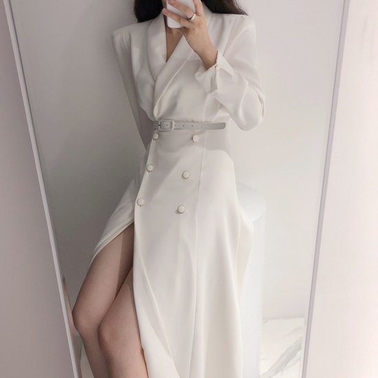 【取寄：納期2週間】トレンチワンピ―ス ダブルボタン レディース 韓国 ファッション ワンピース 長袖 Vネック スリット 白黒 おしゃれ ワンピース トレンチワンピース 秋服 トレンチコート タイト