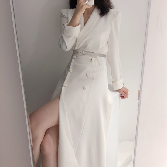 【取寄：納期2週間】トレンチワンピ―ス ダブルボタン レディース 韓国 ファッション ワンピース 長袖 Vネック スリット 白黒 おしゃれ ワンピース トレンチワンピース 秋服 トレンチコート タイト
