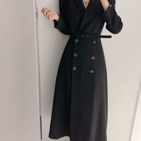 【取寄：納期2週間】トレンチワンピ―ス ダブルボタン レディース 韓国 ファッション ワンピース 長袖 Vネック スリット 白黒 おしゃれ ワンピース トレンチワンピース 秋服 トレンチコート タイト