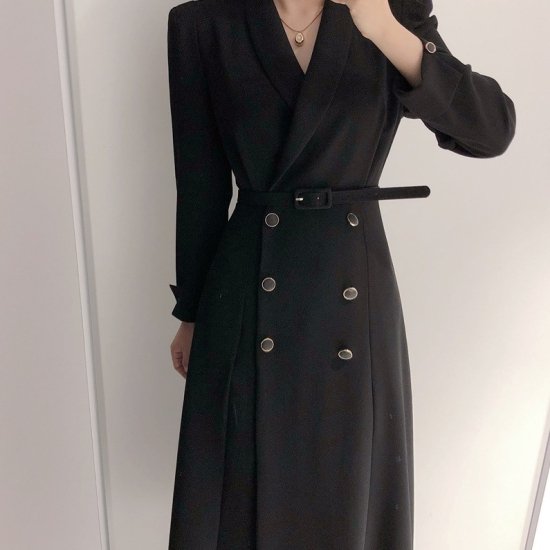 【取寄：納期2週間】トレンチワンピ―ス ダブルボタン レディース 韓国 ファッション ワンピース 長袖 Vネック スリット 白黒 おしゃれ ワンピース トレンチワンピース 秋服 トレンチコート タイト