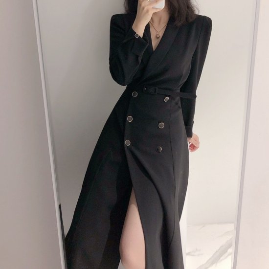 【取寄：納期2週間】トレンチワンピ―ス ダブルボタン レディース 韓国 ファッション ワンピース 長袖 Vネック スリット 白黒 おしゃれ ワンピース トレンチワンピース 秋服 トレンチコート タイト