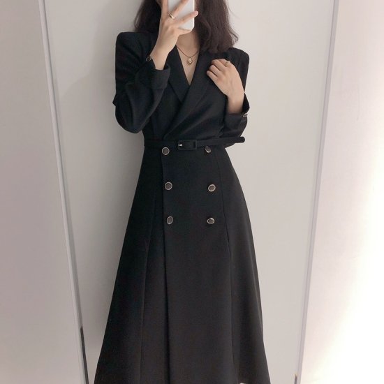 【取寄：納期2週間】トレンチワンピ―ス ダブルボタン レディース 韓国 ファッション ワンピース 長袖 Vネック スリット 白黒 おしゃれ ワンピース トレンチワンピース 秋服 トレンチコート タイト