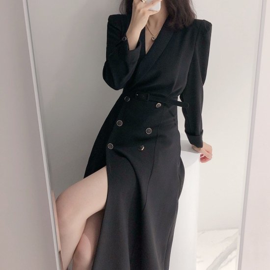 【取寄：納期2週間】トレンチワンピ―ス ダブルボタン レディース 韓国 ファッション ワンピース 長袖 Vネック スリット 白黒 おしゃれ ワンピース トレンチワンピース 秋服 トレンチコート タイト