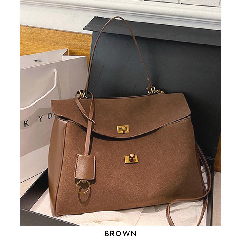 バッグ ハンドバッグ ショルダーバッグ スウェード風 2way 金具 ゴールド A4サイズOK 大容量 秋 冬 韓国 ファッション / ダブルひねり金具2wayスエード風バッグ