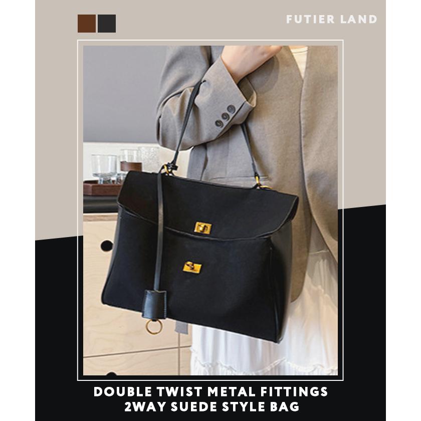 バッグ ハンドバッグ ショルダーバッグ スウェード風 2way 金具 ゴールド A4サイズOK 大容量 秋 冬 韓国 ファッション / ダブルひねり金具2wayスエード風バッグ