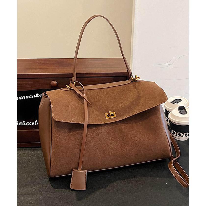 バッグ ハンドバッグ ショルダーバッグ スウェード風 2way 金具 ゴールド A4サイズOK 大容量 秋 冬 韓国 ファッション / ダブルひねり金具2wayスエード風バッグ