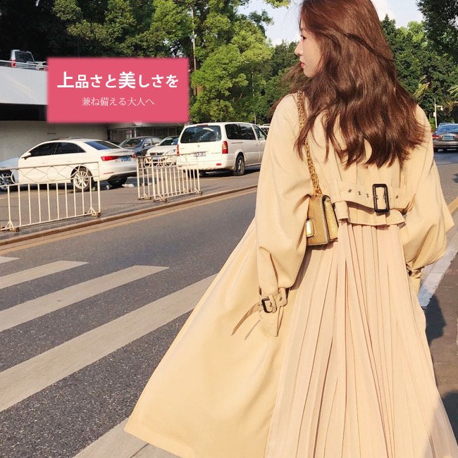 【1つ買うと10個無料】在庫処分 短納期 トレンチコート レディース シフォン プリーツ 切り替え ゆったり ベージュ ネイ