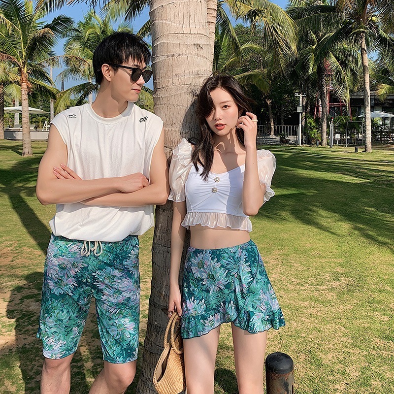 水着カップル ペア 水着 ペアルック カップル 水着 おそろい お揃い 水着 レディース 水着 セパレート スカート 体型カバー 3点セット ホワイト 水色 水着 メンズ 水着 サーフパンツ ビーチ