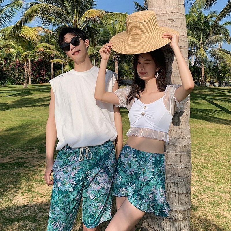 水着カップル ペア 水着 ペアルック カップル 水着 おそろい お揃い 水着 レディース 水着 セパレート スカート 体型カバー 3点セット ホワイト 水色 水着 メンズ 水着 サーフパンツ ビーチ