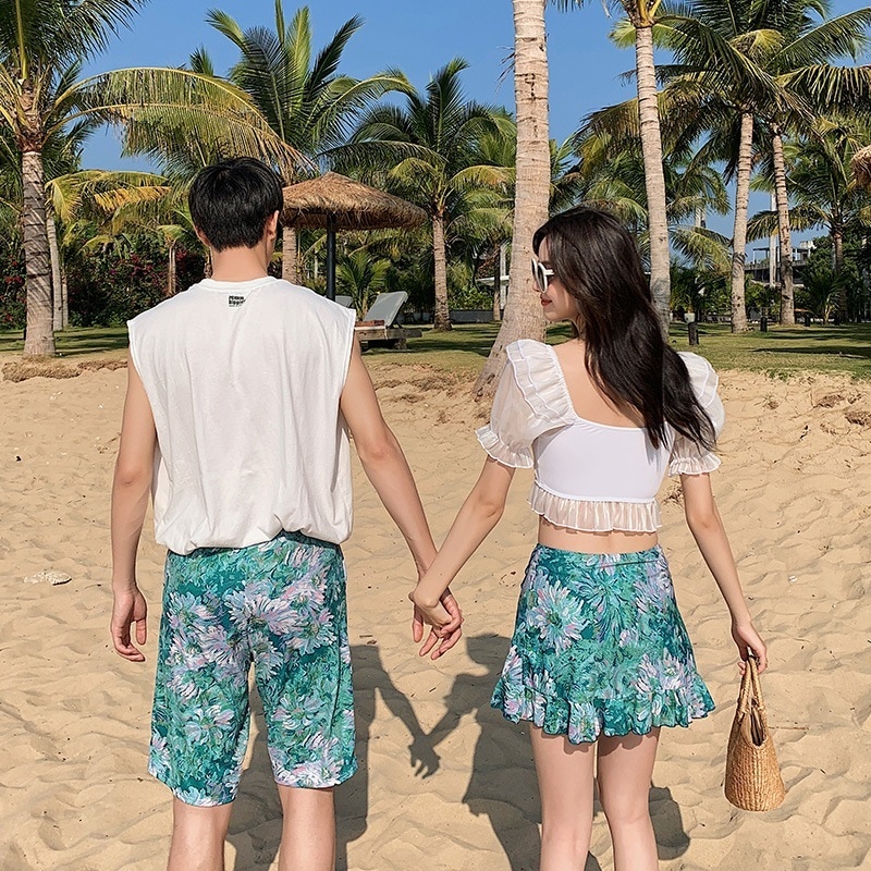 水着カップル ペア 水着 ペアルック カップル 水着 おそろい お揃い 水着 レディース 水着 セパレート スカート 体型カバー 3点セット ホワイト 水色 水着 メンズ 水着 サーフパンツ ビーチ