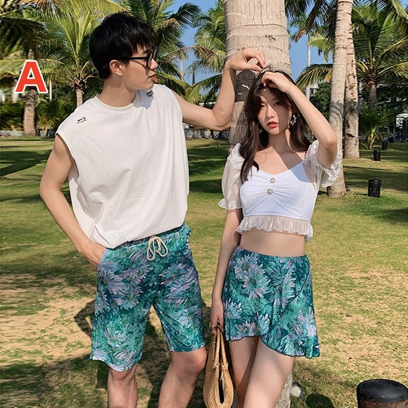 水着カップル ペア 水着 ペアルック カップル 水着 おそろい お揃い 水着 レディース 水着 セパレート スカート 体型カバー 3点セット ホワイト 水色 水着 メンズ 水着 サーフパンツ ビーチ