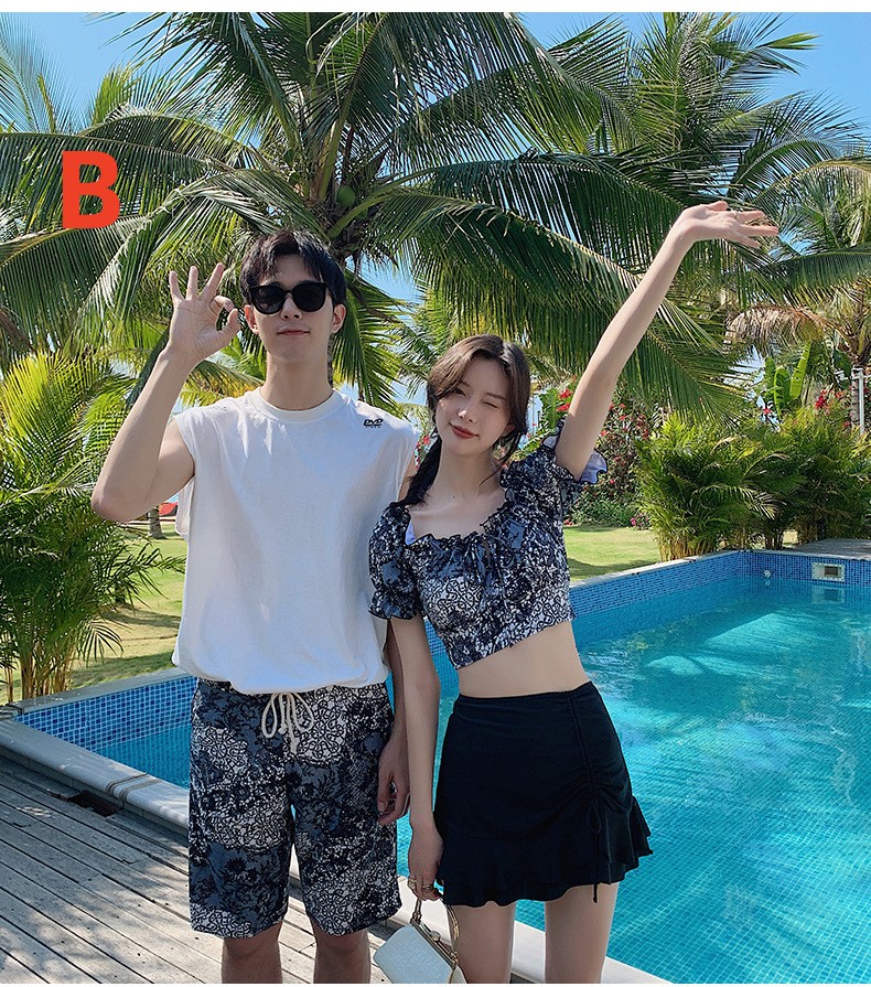 水着カップル ペア 水着 ペアルック カップル 水着 おそろい お揃い 水着 レディース 水着 セパレート スカート 体型カバー 3点セット ホワイト 水色 水着 メンズ 水着 サーフパンツ ビーチ