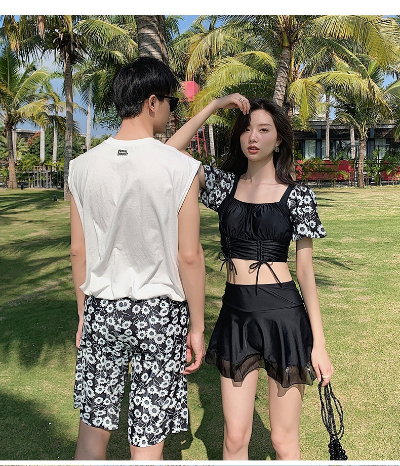 水着カップル ペア 水着 ペアルック カップル 水着 おそろい お揃い 水着 レディース 水着 セパレート スカート 体型カバー 3点セット ホワイト 水色 水着 メンズ 水着 サーフパンツ ビーチ