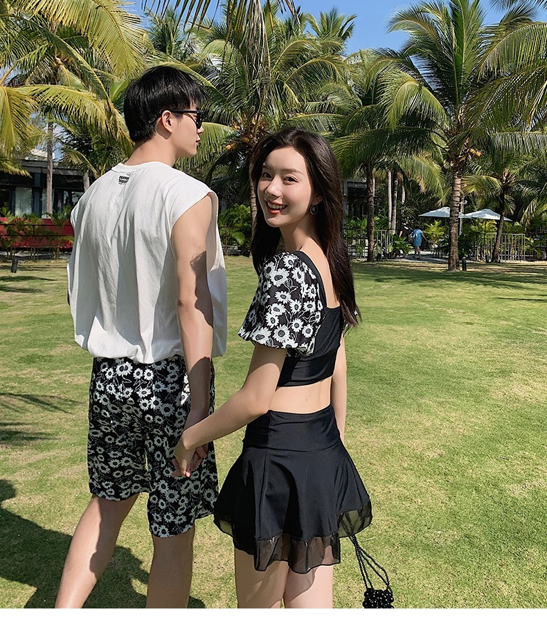 水着カップル ペア 水着 ペアルック カップル 水着 おそろい お揃い 水着 レディース 水着 セパレート スカート 体型カバー 3点セット ホワイト 水色 水着 メンズ 水着 サーフパンツ ビーチ