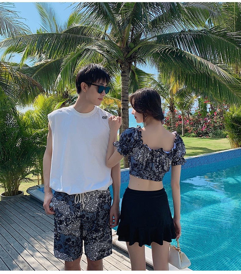 水着カップル ペア 水着 ペアルック カップル 水着 おそろい お揃い 水着 レディース 水着 セパレート スカート 体型カバー 3点セット ホワイト 水色 水着 メンズ 水着 サーフパンツ ビーチ