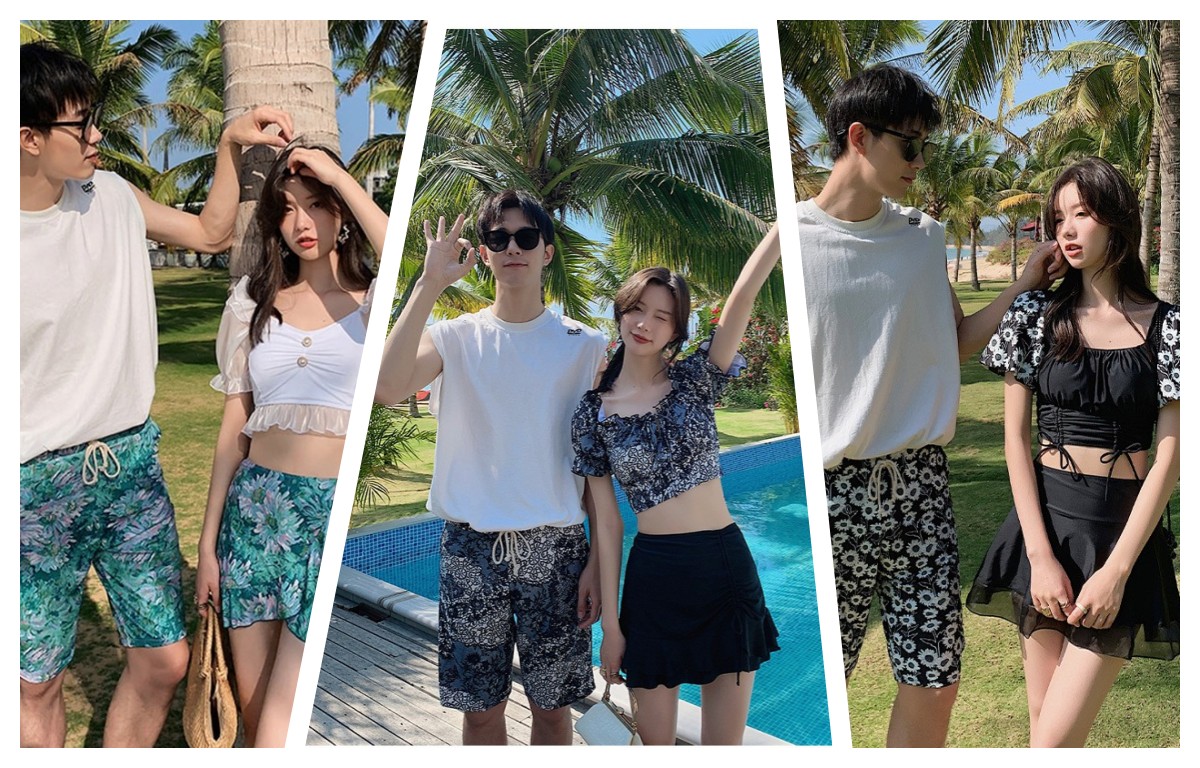 水着カップル ペア 水着 ペアルック カップル 水着 おそろい お揃い 水着 レディース 水着 セパレート スカート 体型カバー 3点セット ホワイト 水色 水着 メンズ 水着 サーフパンツ ビーチ