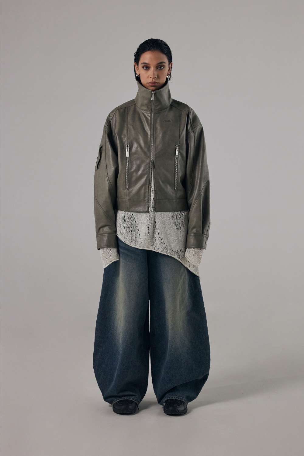 【TREEMINGBIRD】 BOLD ZIP HIGE-NECK LEATHER JACKET : ASH GRAY 【TREEMINGBIRD】 BOLD ZIP HIGE-NECK LEATHER JACKET : ASH GRAY