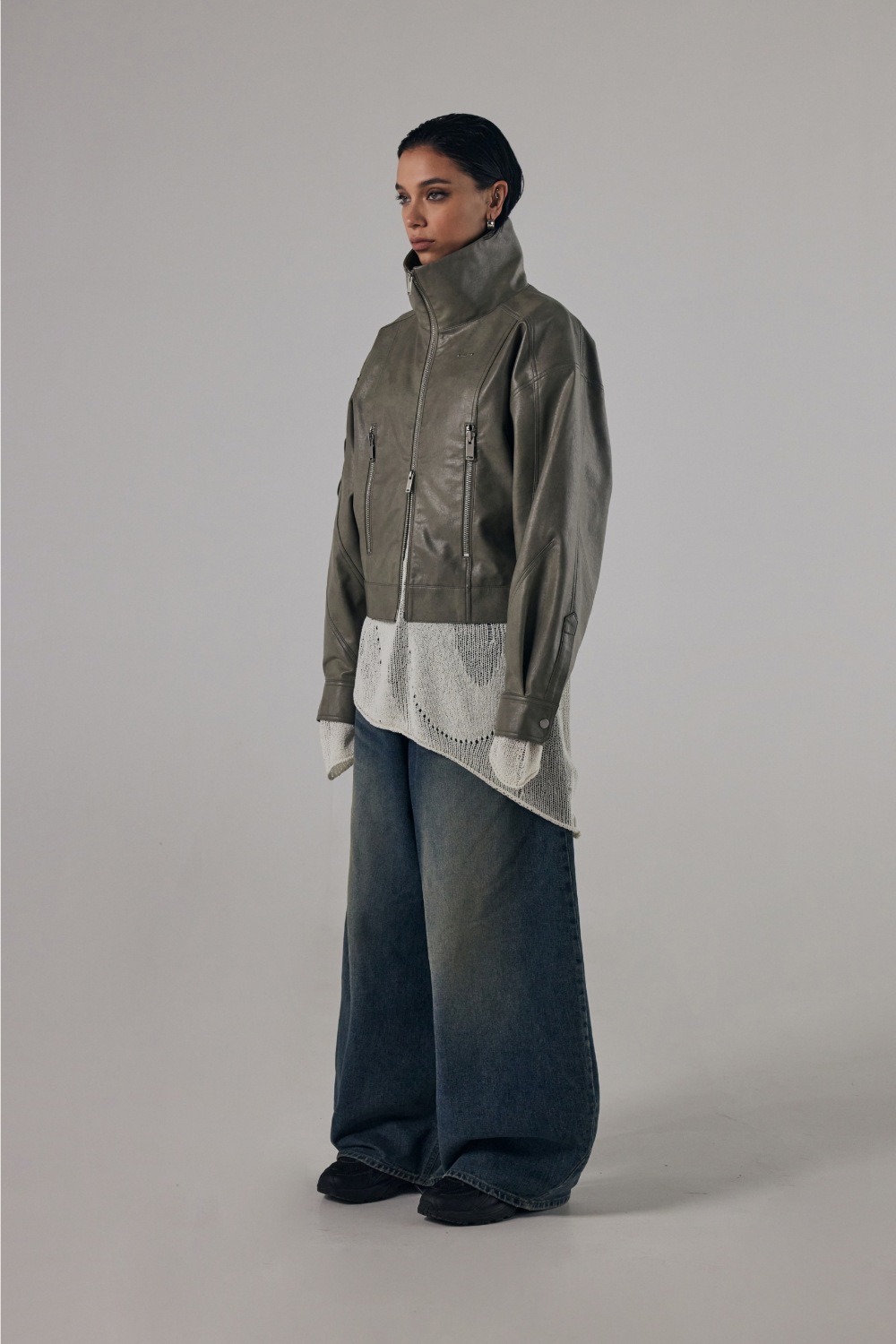 【TREEMINGBIRD】 BOLD ZIP HIGE-NECK LEATHER JACKET : ASH GRAY 【TREEMINGBIRD】 BOLD ZIP HIGE-NECK LEATHER JACKET : ASH GRAY