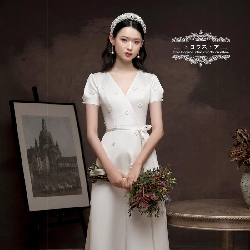 白ドレス ウェディングドレス 結婚式 二次会 前撮り ホワイト 花嫁 スレンダーライン ロングドレス 通勤 ファスナー パール リボン 演奏会 イベント