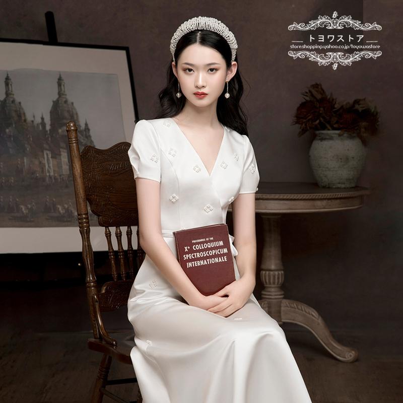 白ドレス ウェディングドレス 結婚式 二次会 前撮り ホワイト 花嫁 スレンダーライン ロングドレス 通勤 ファスナー パール リボン 演奏会 イベント