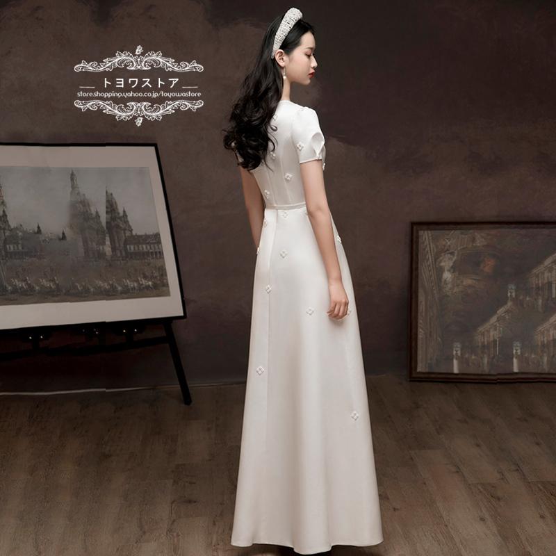 白ドレス ウェディングドレス 結婚式 二次会 前撮り ホワイト 花嫁 スレンダーライン ロングドレス 通勤 ファスナー パール リボン 演奏会 イベント