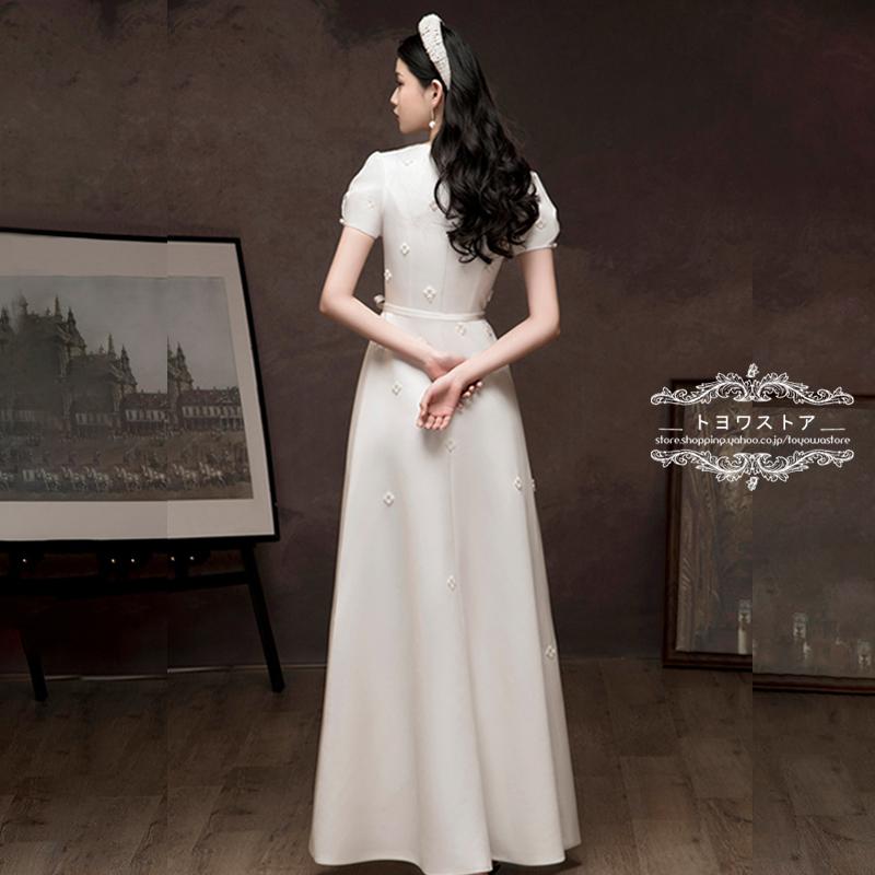 白ドレス ウェディングドレス 結婚式 二次会 前撮り ホワイト 花嫁 スレンダーライン ロングドレス 通勤 ファスナー パール リボン 演奏会 イベント