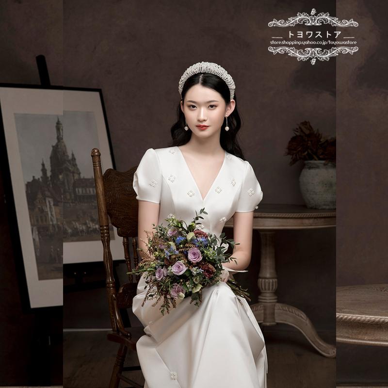 白ドレス ウェディングドレス 結婚式 二次会 前撮り ホワイト 花嫁 スレンダーライン ロングドレス 通勤 ファスナー パール リボン 演奏会 イベント